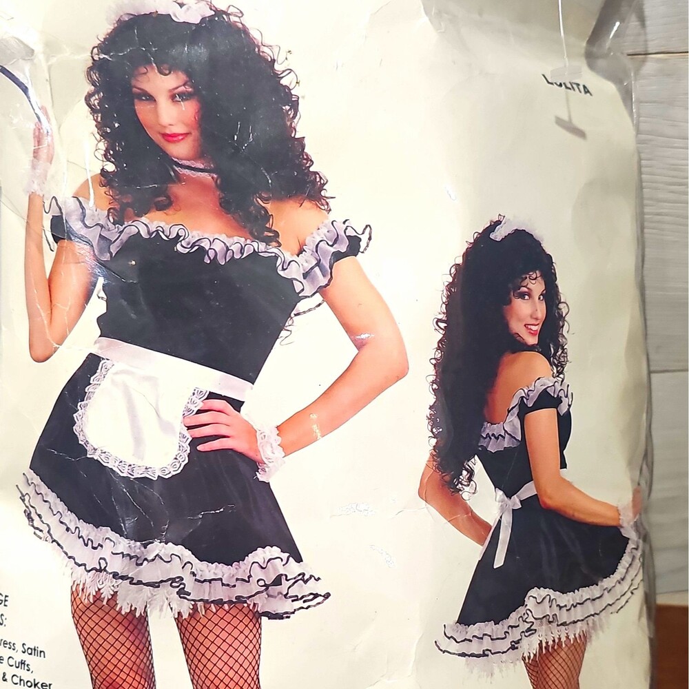 Charades Lolita French Maid Costume Dress Set Black Velvet Size Medium 5pc 02327